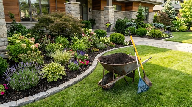 Wheelbarrow filled with fresh soil and gardening tools placed on a lush green lawn in front of a beautifully landscaped home garden bed