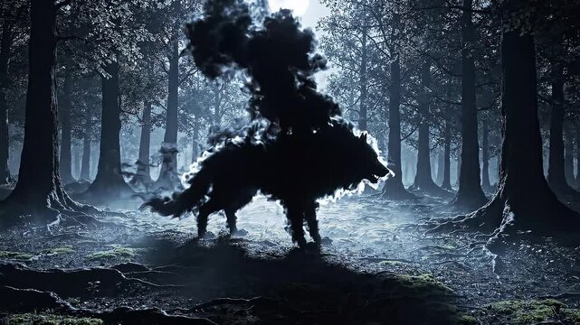 Shadow rider mounting a giant wolf in a dark misty moonlit fantasy forest.