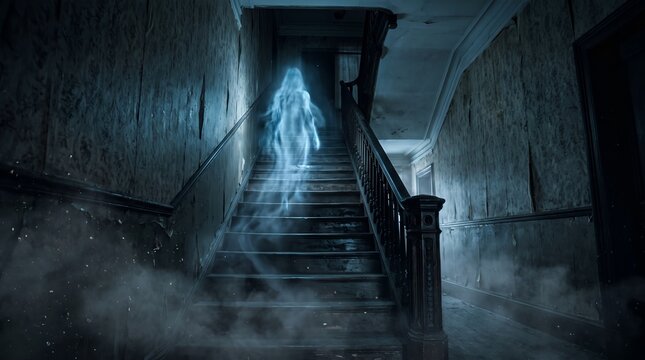 Blue female ghost ascending wooden stairs in dark abandoned haunted house