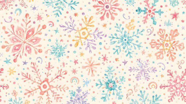 Watercolor seamless pattern with colorful snowflakes and festive winter elements on a light cream background