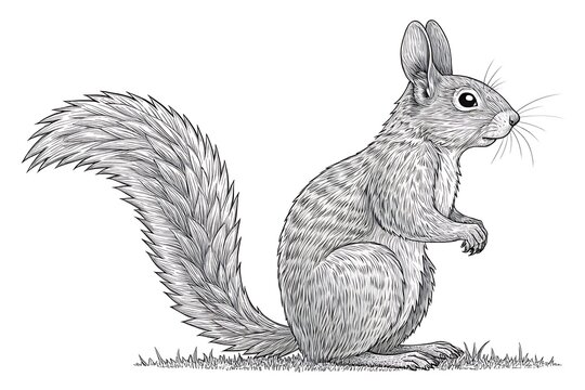 Cute squirrel sitting on grassy ground with fluffy tail