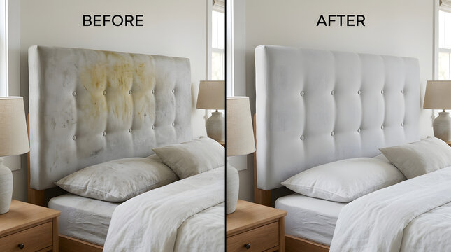 professional upholstery cleaning results | before and after fabric stain removal | dirty vs clean bed headboard comparison | furniture deep cleaning services