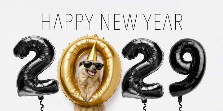 happy new year, new year's eve party, celebration greeting card with text - Funny meerkat with party hat, sunglasses and year 2029, isolated on white background