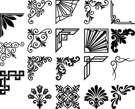 Vintage corner border vector set featuring ornamental floral scroll and art deco decorative frame collection in black silhouette style for invitation and certificate design