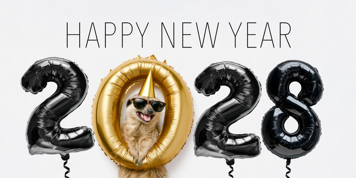 happy new year, new year's eve party, celebration greeting card with text - Funny meerkat with party hat, sunglasses and year 2028, isolated on white background