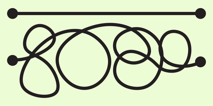 Complex tangled route versus simple straight path vector concept illustration