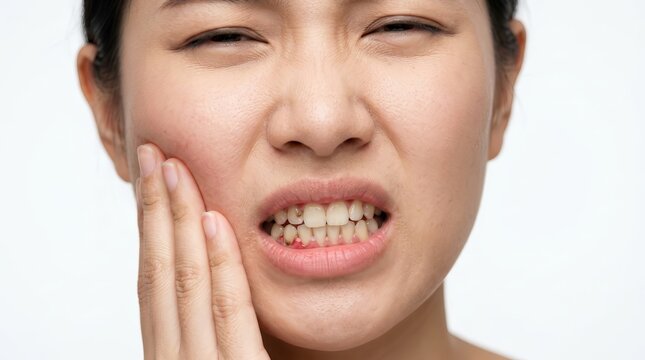 An Asian woman suffering from toothache and gingivitis while holding her jaw.