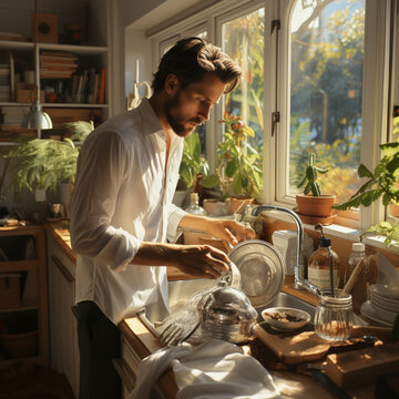 father of a family with various jobs such as vacuum cleaning, washing, doing the dishes, in the household, ai generated