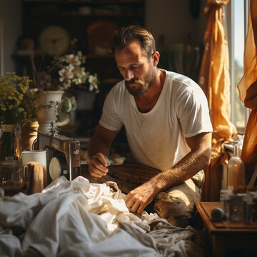 father of a family with various jobs such as vacuum cleaning, washing, doing the dishes, in the household, ai generated