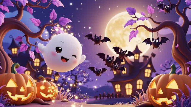 Halloween Night Enchantment: A whimsical Halloween scene unfolds under a full moon, featuring a friendly ghost winking, grinning jack-o'-lanterns, spooky flying bats.