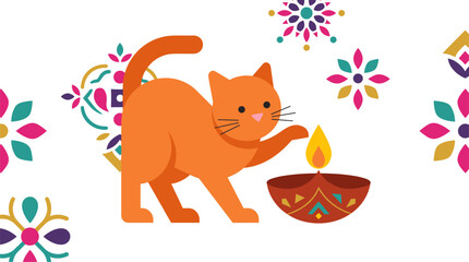 Fototapeta premium Playful orange cat batting at a decorative oil lamp with a flame, surrounded by colorful floral ornaments on white background