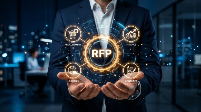 Business concept of RFP Request for Proposal with icons for procurement, finance, and bidding.