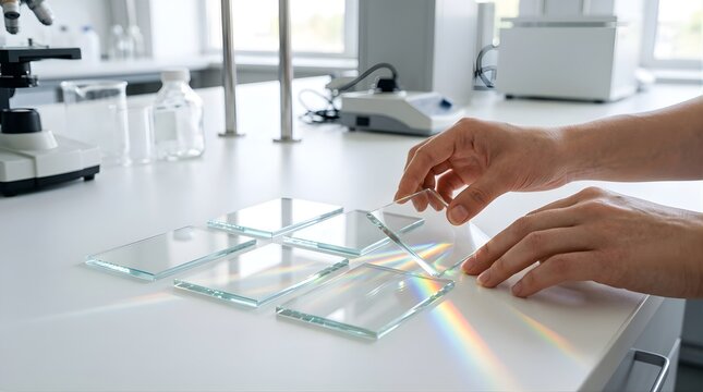 Scientist handling glass slides with rainbow light refraction in lab