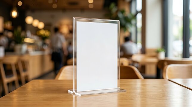 Blank white menu tent card in a clear acrylic stand mockup on a cafe table.