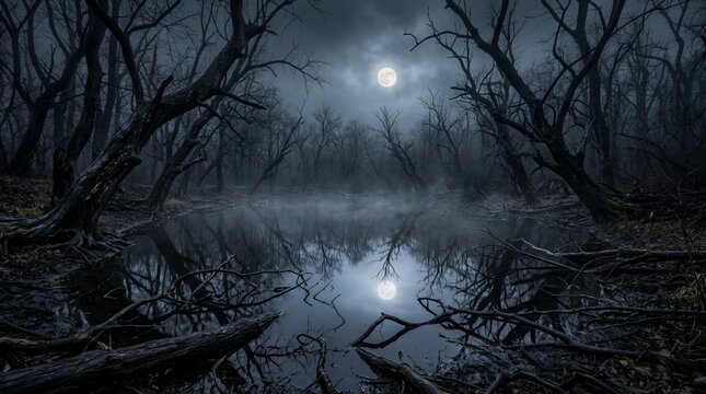 Eerie full moon casting light on a dark, misty swamp forest with spooky bare trees and reflective water, creating a haunting and mysterious nature background.