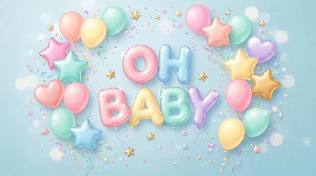Pastel balloon arrangement with oh baby text, featuring colorful stars, hearts, and confetti on a soft blue background for a baby shower celebration