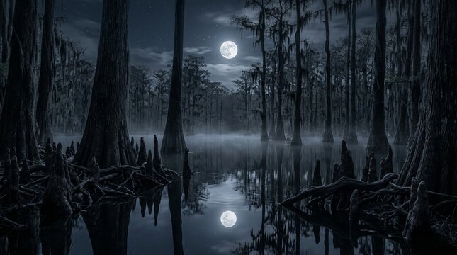 Mysterious swamp landscape features dark cypress trees under glowing full moon night sky reflecting in calm dark water surface creating perfect cinematic nature background.