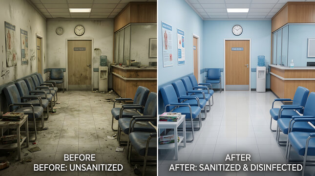 medical clinic cleaning services before and after|professional office sanitization and disinfection results|hospital waiting room deep cleaning comparison|commercial janitorial services for healthcare