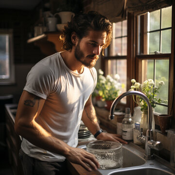 father of a family with various jobs such as vacuum cleaning, washing, doing the dishes, in the household, ai generated