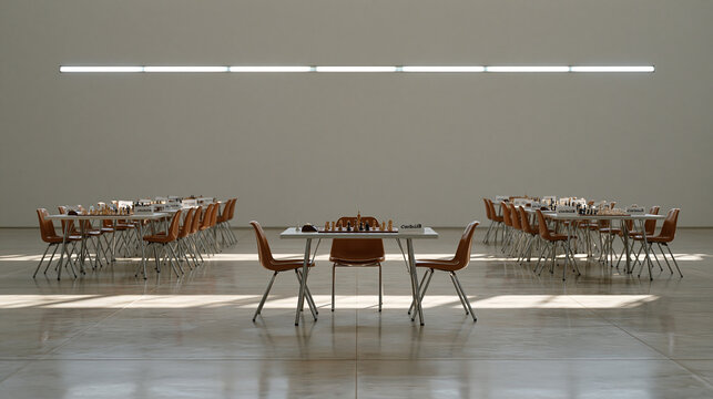 A wide shot of an empty white studio prepared for a kids chess club tournament, small chairs and labeled boards arranged in perfect rows suggesting imminent activity,