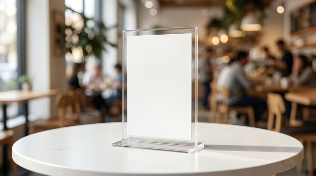 Blank menu tent card mockup in a clear acrylic stand on a cafe table.