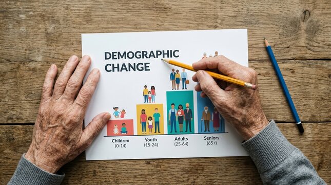 Senior hands analyzing a chart about demographic change and aging generations.