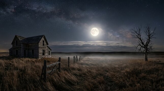 Abandoned farm house sits alone in sprawling grassy field under vast night sky filled with stars and glowing full moon creating melancholic rural landscape imagery.