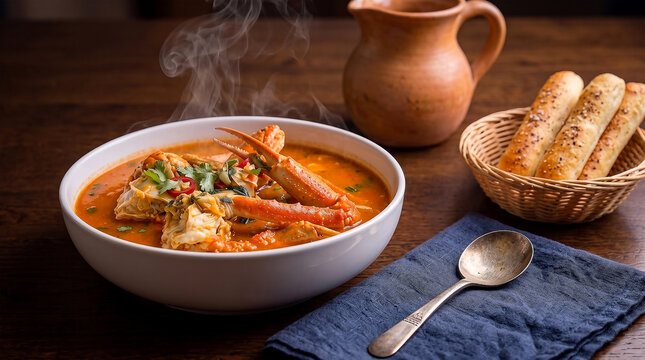 A delicious steaming bowl of gourmet seafood bisque with crab legs and crunchy breadsticks, perfect for celebrating a cozy crab soup day at home
