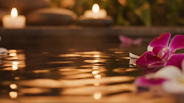 Tropical flowers floating on dark water at spa
