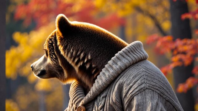 Bear in knitted sweater on autumn forest background, animal in red and yellow foliage AI Generative