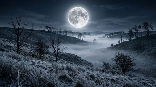 Giant bright full moon shines over frosted hilly landscape covered in dense fog and dead trees during cold winter night perfect for ethereal atmospheric seasonal visuals.