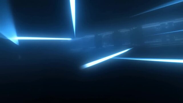 Glowing blue light beams intersect and shift across dark abstract digital space