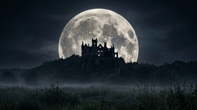 Ancient stone castle silhouette stands atop high grassy cliff framed by massive glowing full moon during night sky backdrop perfect for epic fantasy story inspiration.