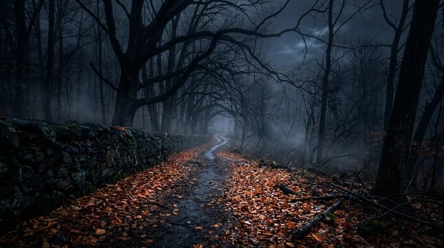 Spooky forest path with stone wall and fallen autumn leaves provides eerie background for horror themed digital projects or dark seasonal marketing campaigns during October season.