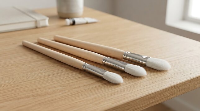 Three clean artist paint brushes with wooden handles arranged on a light wooden desk surface with art supplies in the background