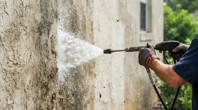 Professional pressure washing a dirty stucco wall of a residential house, removing grime and mold with a highpressure water spray nozzle