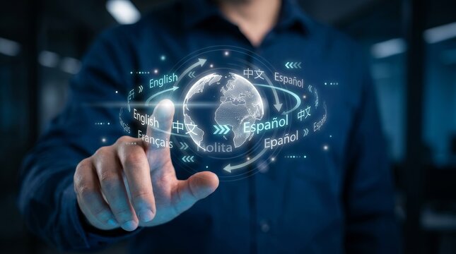 Multilingual language translation and communication concept featuring global language icons.