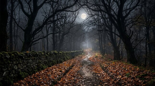 Misty winding forest path lined with dry autumn leaves and a mossy stone wall under a full moon creates a magical and serene nighttime scene.