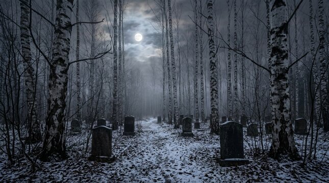 Spooky birch forest cemetery at night with old tombstones scattered in winter snow under dramatic full moon light creating atmospheric background for horror halloween designs.