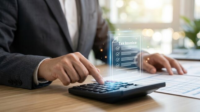 Business person using a calculator for tax invoice and receipt document management.