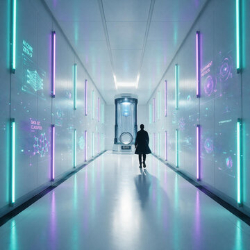 Scientist Walking Through Futuristic Laboratory Corridor with AI Interface