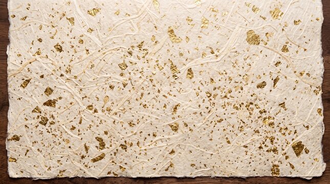 Handmade Paper Texture with Gold Flakes on Wood Background