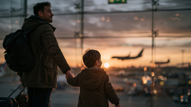 Father and Son Looking at Airplanes at Airport Terminal