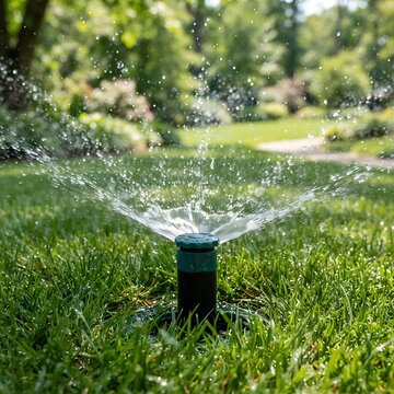 A popup lawn sprinkler spraying water over a lush green grass yard in a sunny garden setting