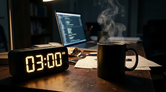 Late night software development work desk with hot coffee and digital clock showing three AM