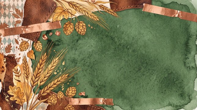 Oktoberfest Frame Background with Wheat Hops and Watercolor