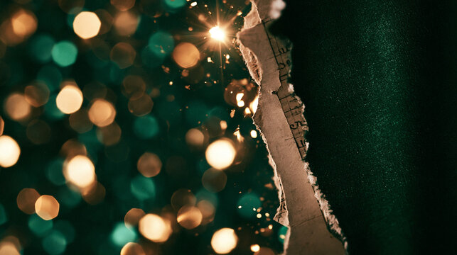 Torn Vintage Paper with Glowing Bokeh Christmas Lights Background