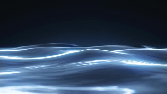 Abstract blue and white luminous waves forming layered lines against dark background