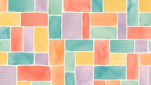 Abstract geometric pattern with colorful watercolor rectangles and grid textures
