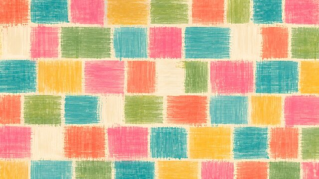 Seamless pattern with colorful handdrawn square blocks in a grid layout, vibrant textured artistic background design